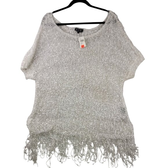 Pol White Fringe Crochet Knit Top Large Lightweight Sheer Accents Boho Style - Picture 1 of 8